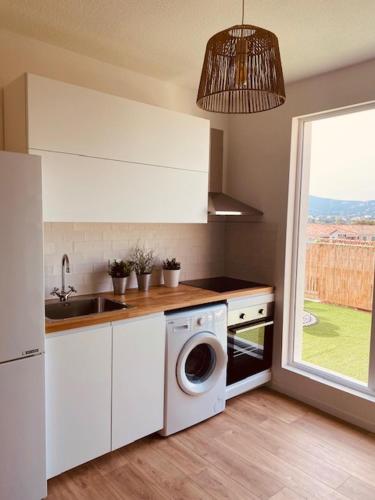une cuisine avec un évier et une machine à laver dans l'établissement Le Patio de Sasha, à Hyères