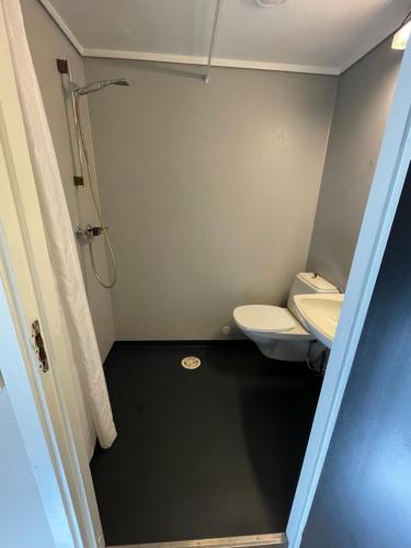 La petite salle de bains est pourvue d'une douche et de toilettes. dans l'établissement Namsen Hotell, à Namsos