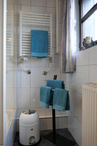 a bathroom with a shower with two blue towels at Ferienwohnung Meier-Althof in Bad Salzuflen