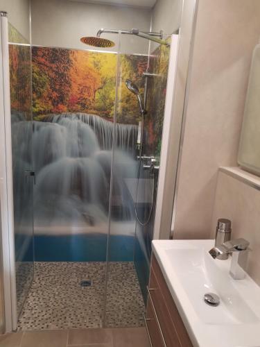 a bathroom with a shower with a painting on the wall at Ferienapartements Girrbach in Dresden