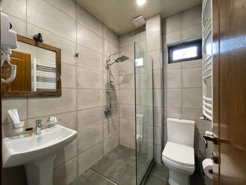 W łazience znajduje się toaleta, umywalka i prysznic. w obiekcie Hotel Misty Mountain w mieście Stepancminda