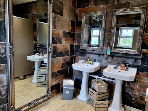 a bathroom with two sinks and two mirrors at The Plough Inn in Marsham