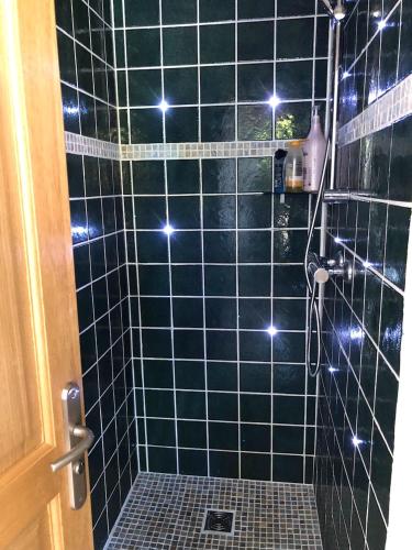 een badkamer met een zwart betegelde douche met verlichting bij Villa de 3 chambres avec piscine privee jacuzzi et jardin clos a Porto Vecchio in Porto-Vecchio