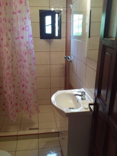 a bathroom with a sink and a mirror and a shower at Complex Turistic Ocna Sibiului in Ocna Sibiului