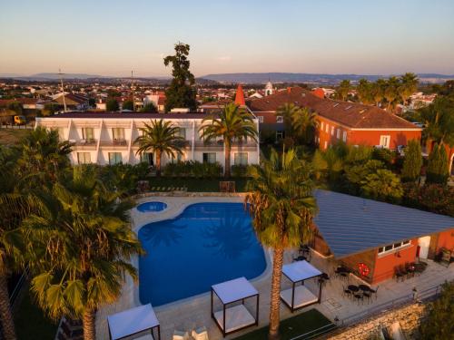 einen Luftblick auf eine Villa mit einem Pool und Palmen in der Unterkunft Palacio São Silvestre-Boutique Hotel in Coimbra