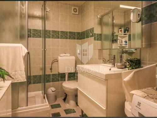 ein Bad mit einem WC, einem Waschbecken und einer Dusche in der Unterkunft Apartment Saby in Poreč