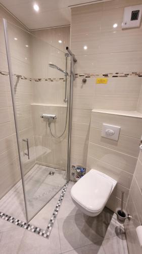 a bathroom with a shower and a toilet at Ferienpark B08-007 Ferienpark in Heiligenhafen