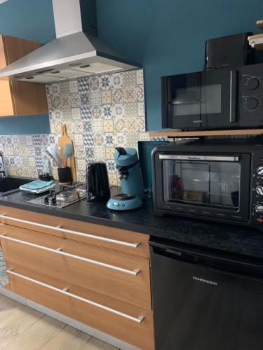 a kitchen with a microwave and a stove top oven at Gite les Combes Bellevue à Etrez, Appartement à la campagne in Étrez