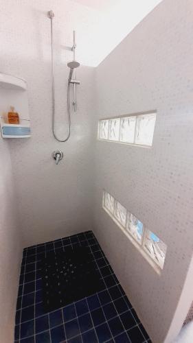 La salle de bains est pourvue d'une douche et de carrelage noir. dans l'établissement Contrada Vento home sharing, à Campomarino