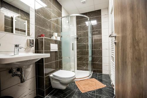 a bathroom with a toilet and a sink and a shower at Hotel Rabbit in Trhový Štěpánov