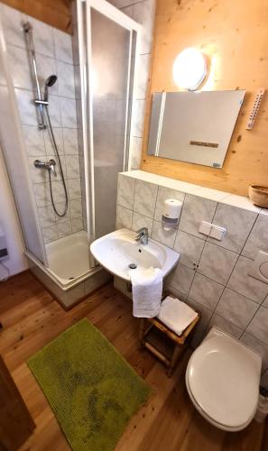 a bathroom with a sink and a shower and a toilet at Haus Emmy - Urlaub bei Freunden in Hohentauern