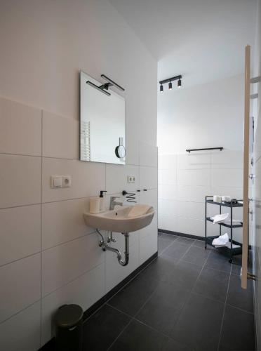 a bathroom with a sink and a mirror at Weberhof Ferienapartments in Rostrup am Westufer des Zwischenahner Meers in Bad Zwischenahn