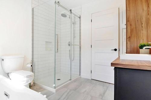 a bathroom with a shower and a toilet at 15 Chemin des Cascades in Stoneham