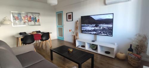 un salon avec un canapé et une télévision sur un mur dans l'établissement apartment 50m from historic town 5min Beach Palais Croisette - Free private parking, à Cannes
