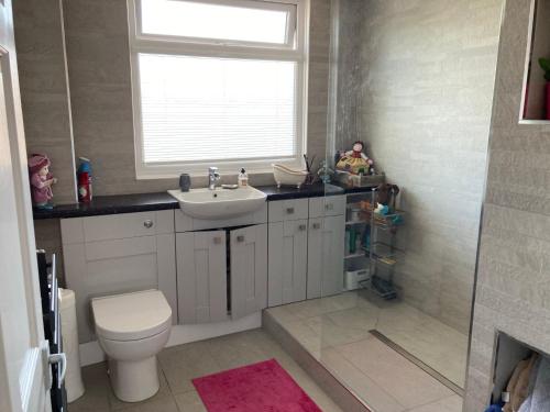 a bathroom with a sink and a toilet and a window at Partridge Place in Worle