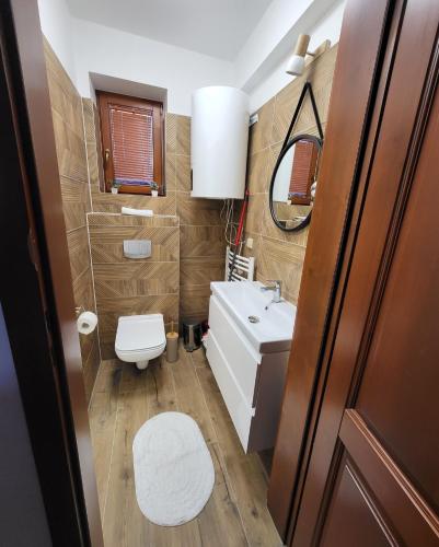 a small bathroom with a sink and a toilet at Apartament z widokiem na Giewont in Kościelisko