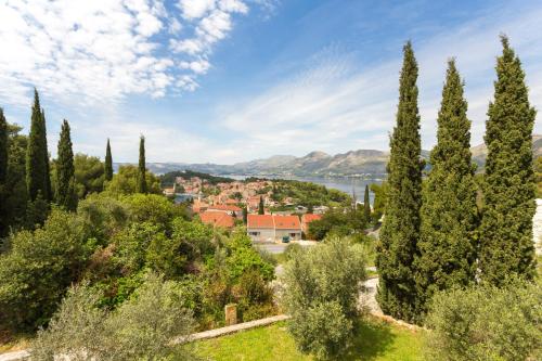 vista su una città da una collina alberata di Apartments Sany a Cavtat