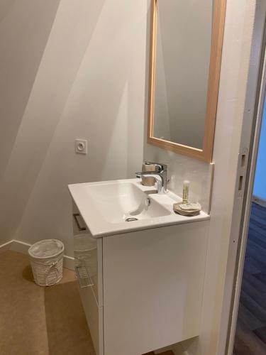 a white bathroom with a sink and a mirror at Le Rocher Appart Hôtel in Valognes