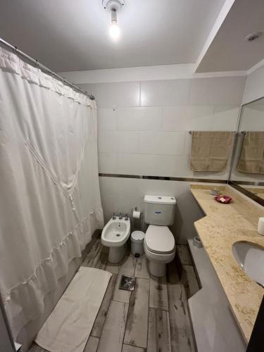 a white bathroom with a toilet and a sink at Monoambiente in Salta