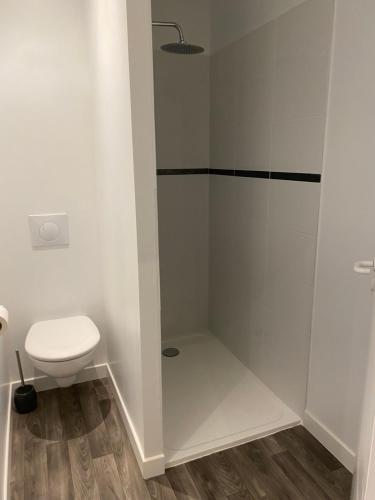 a bathroom with a toilet and a shower at Le Rocher Appart Hôtel in Valognes