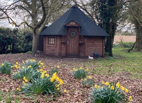 a small wooden cabin in a yard with flowers at Starry Meadow in Great Yarmouth