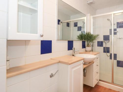 a white bathroom with a sink and a shower at Flat 30 in West Bay