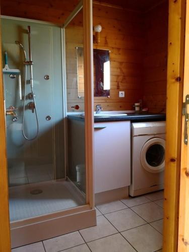 une salle de bain avec douche et machine à laver dans l'établissement Le Clos des Chênes, à Saint-Geniès