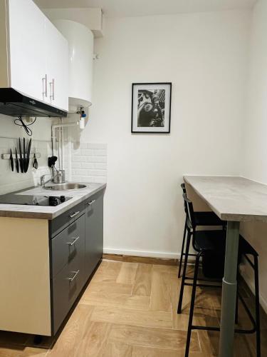 une cuisine avec un évier et un plan de travail dans l'établissement 702 Studio cosy à proximité de Paris 20ème, à Bagnolet