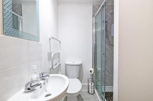 uma casa de banho com um WC, um lavatório e um chuveiro em One bedroom holiday apartment Colwyn Bay em Colwyn Bay