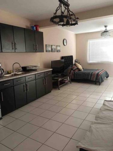 a kitchen with a sink and a couch in a room at Otay Studio great patio near Otay Crossing & Airport in Tijuana