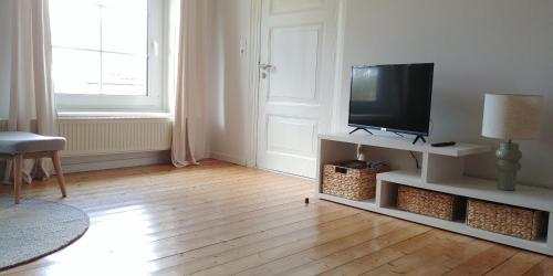 een woonkamer met een flatscreen-tv op een houten vloer bij Ferienwohnung im idyllischen Gulfhof in Krummhörn