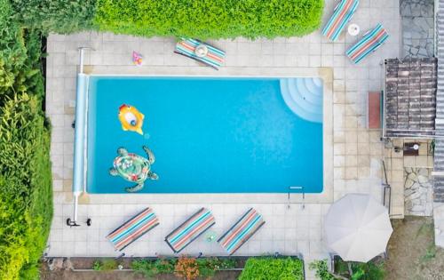 - une vue sur la piscine avec un parasol dans l'établissement Villa Eusebio, à Lorgues