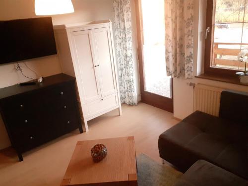 a living room with a couch and a table and a window at Apartmenthaus AMELIE in Lunz am See