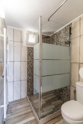 a bathroom with a toilet and a glass shower at Veranda Guest House in Litochoro