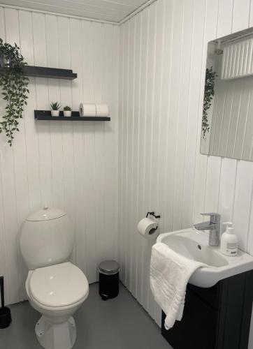 a white bathroom with a toilet and a sink at Skagen lejlighed - Sct. Laurentiivej th in Skagen