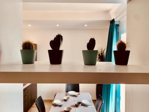 uma sala de jantar com vasos de plantas numa prateleira em Bonaventura em Porto Cesareo