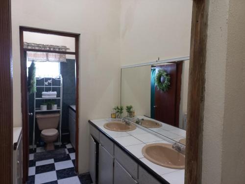 a bathroom with two sinks and a toilet and a mirror at More Than Beauty Properties in Tortola Island