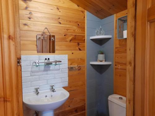 Et badeværelse på Delightful Studio Log Cabin , with Sauna