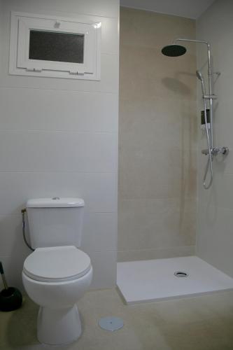 a white bathroom with a toilet and a shower at Apartamento en el centro de Úbeda - Plaza Andalucía in Úbeda