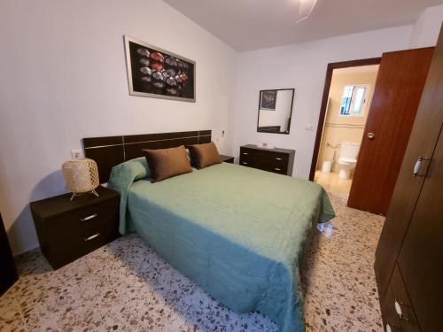 a bedroom with a bed with a green comforter at Apartamentos en Patio Cordobés San Basilio in Córdoba