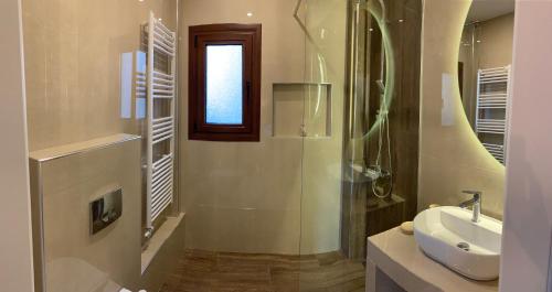 een badkamer met een wastafel en een glazen douche bij Divine Meteora Luxury midtown apartment in Kalabaka