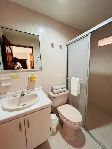 a bathroom with a toilet and a sink and a shower at MADILI DEL MAR in Santiago