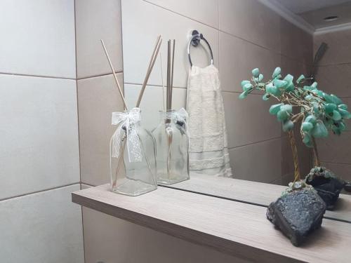 コッカリにあるNereida (Νηρηίδα) Luxury Apartmentのバスルームカウンターの棚(ガラスボトル2本付)