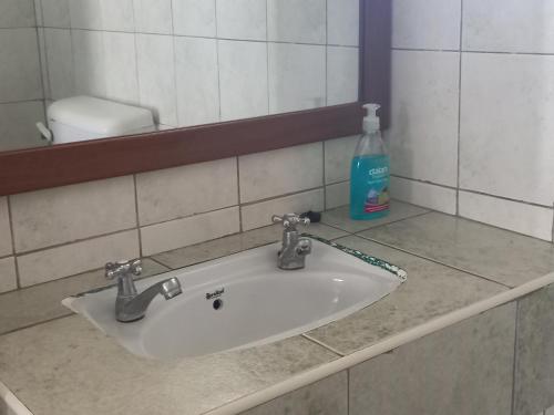 um lavatório de casa de banho com uma garrafa de sabão em New Muna House. em Ukunda