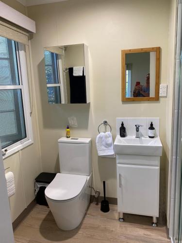 ein Badezimmer mit einem weißen WC und einem Waschbecken in der Unterkunft Hideaway on Hume #3 in Boonah