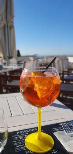 une boisson dans un verre assis sur une table dans l'établissement Appartement entier au dessus de villa, climatisation réversible poêle à bois tres chaleureux , wi fi parking privée gratuit situation 500 m, plage et centre ville, à Sanary-sur-Mer