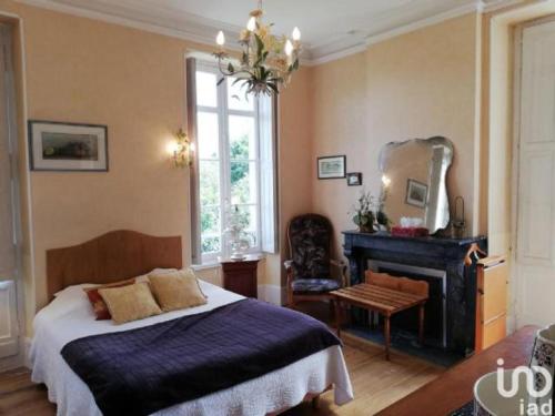 a bedroom with a bed and a fireplace and a mirror at Château Saint Vincent in Bazas