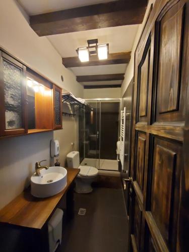 a bathroom with a sink and a toilet at Pensiunea Casa Dacilor in Podeni