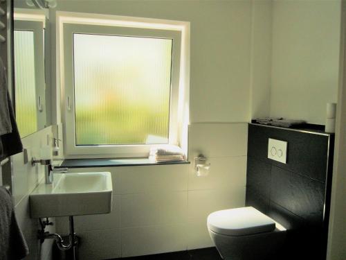 ein Bad mit einem WC, einem Waschbecken und einem Fenster in der Unterkunft Apartments am Rehgehege Apartment 1 EG in Überlingen