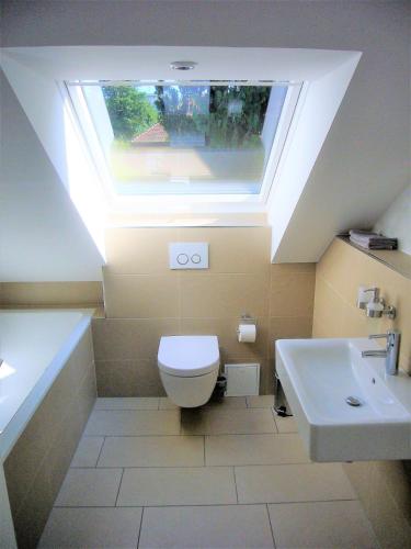 uma casa de banho com um WC e um lavatório com uma clarabóia em Apartments am Rehgehege Apartment 5 3 OG em Überlingen